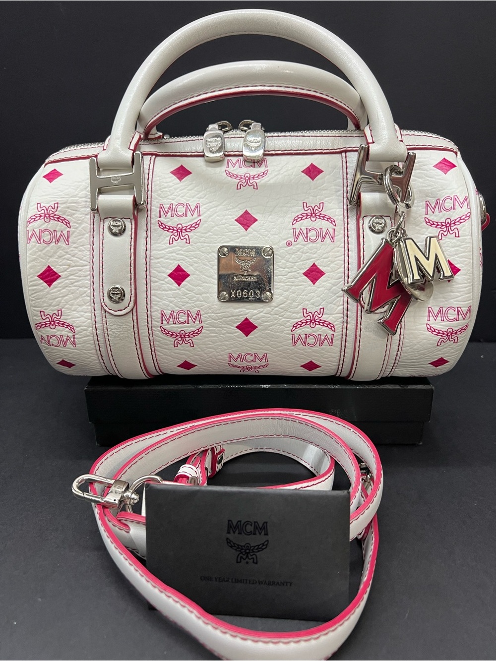 MCM White & Pink Visetos Boston Satchel with Charm and Strap